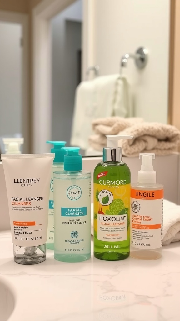 A selection of facial cleansers on a bathroom counter, showcasing options for different skin types.