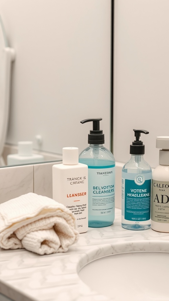 Various skincare cleansers on a bathroom counter with towels