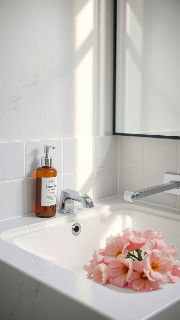 A minimalist bathroom sink with a cleanser bottle and pink flowers.