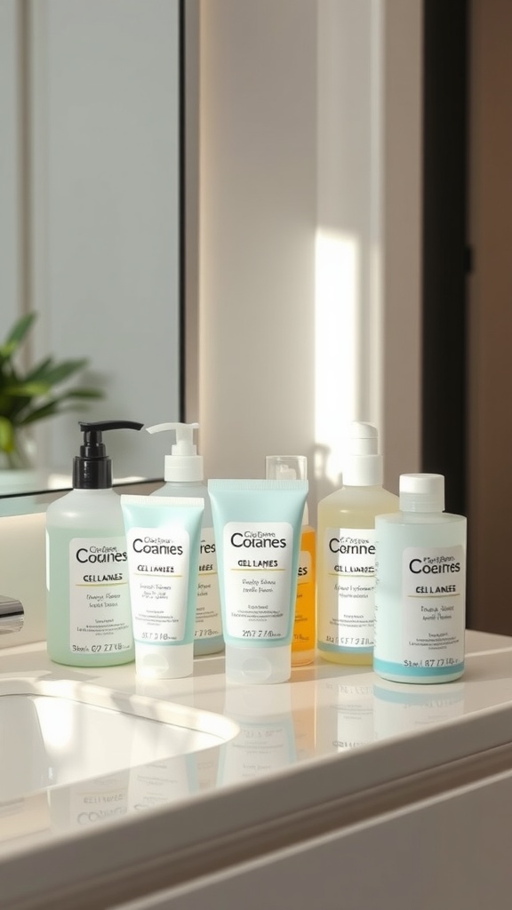 A collection of gel cleansers displayed neatly on a bathroom counter.