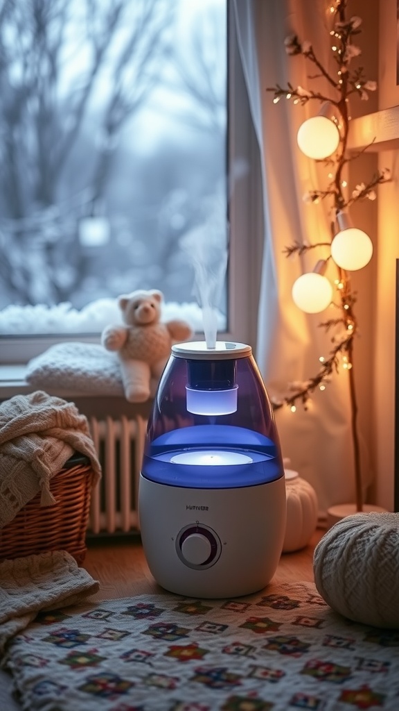 A cozy room featuring a modern humidifier, with a warm glow from fairy lights and a teddy bear nearby.