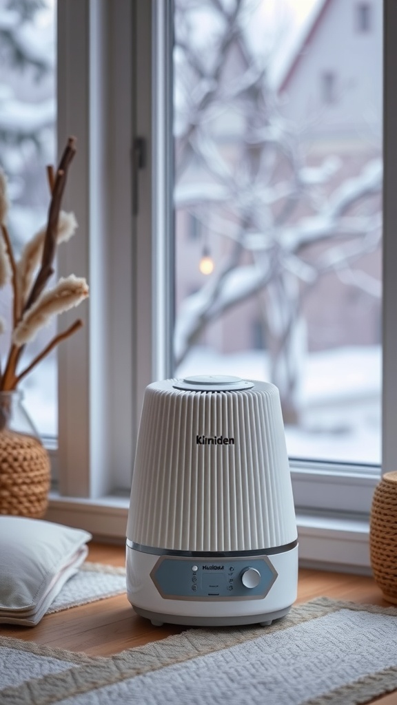 A white humidifier on a wooden floor near a window, with a snowy landscape outside.