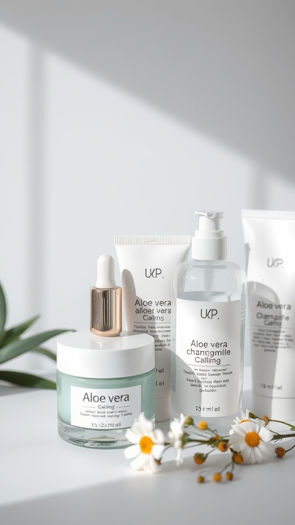 Skincare products featuring aloe vera and chamomile on a bright background