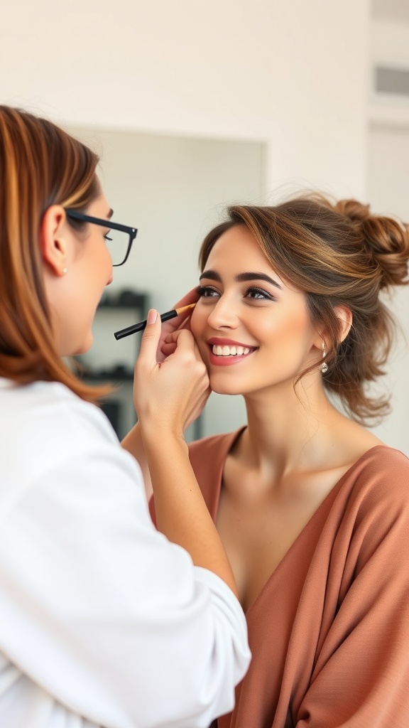 A makeup artist applying eyeliner to a client's eye, showcasing a natural beauty look.