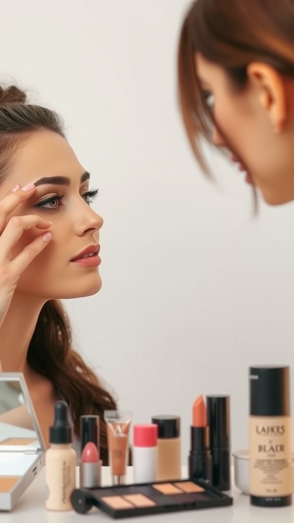 A woman applying makeup with various cosmetics displayed in front of her.
