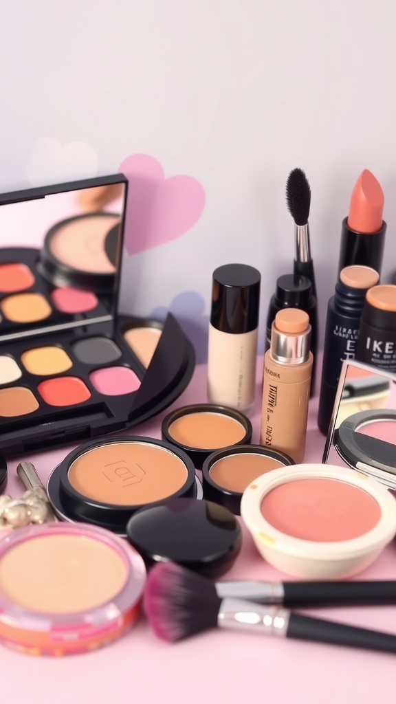 A collection of makeup products including foundations, blushes, and brushes arranged on a colorful background.