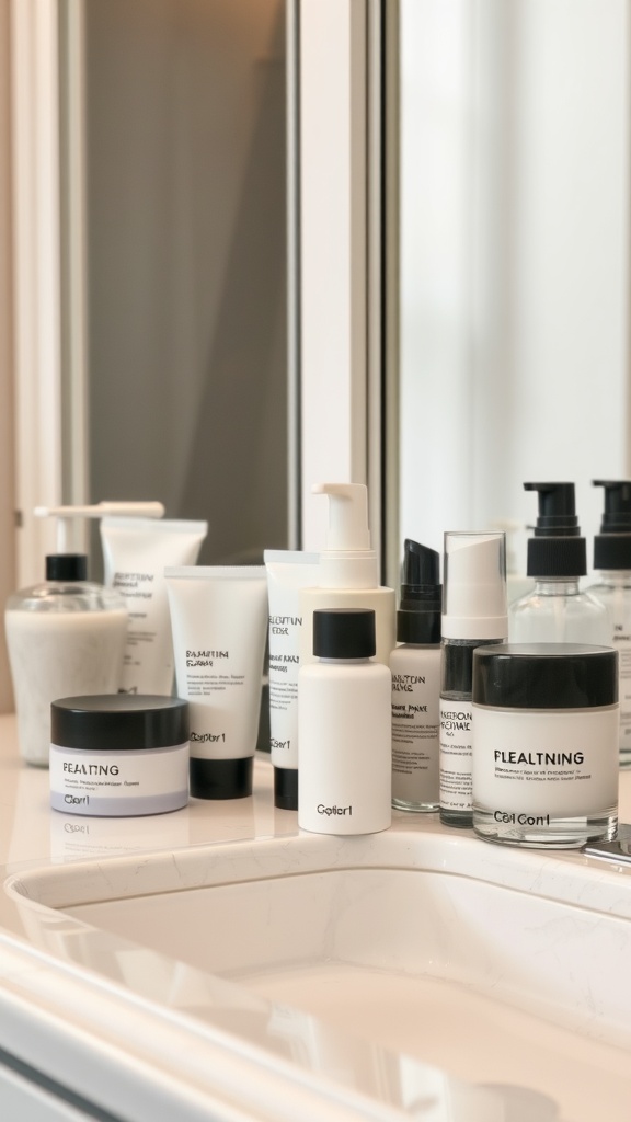 A variety of skincare products displayed on a bathroom counter