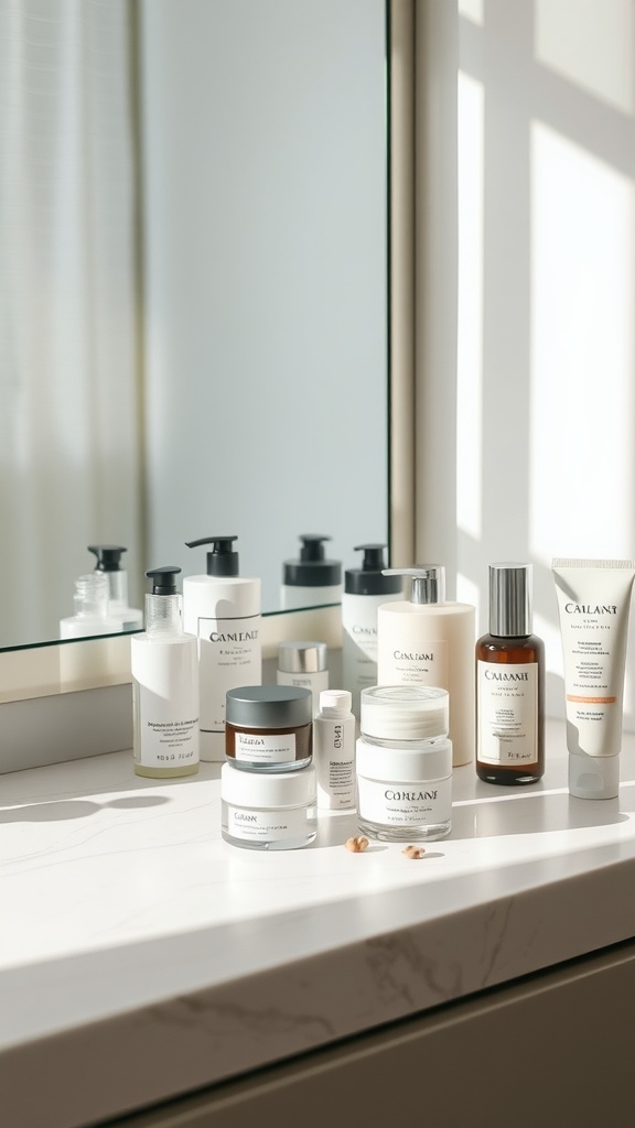 Various skincare products arranged neatly on a bathroom countertop, featuring a clean mirror reflection.