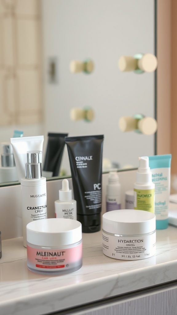 A collection of skincare moisturizers displayed on a bathroom countertop.