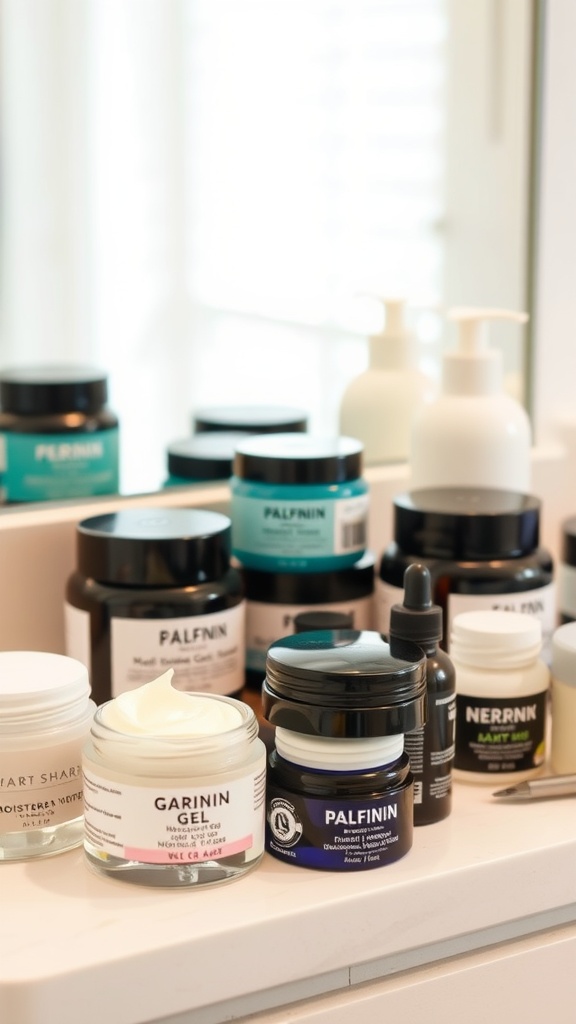 A variety of skincare moisturizers and treatments on a countertop.