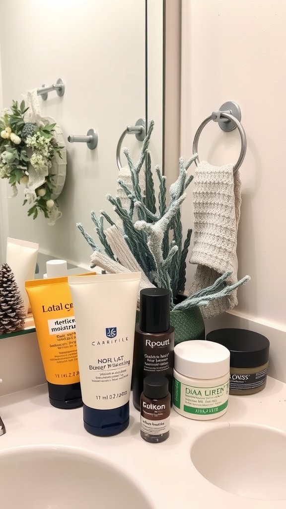 A bathroom counter displaying various skincare products including moisturizers, surrounded by decorative elements.