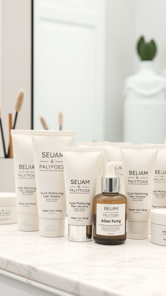 A variety of skincare products lined up on a marble surface, focusing on mattifying features.