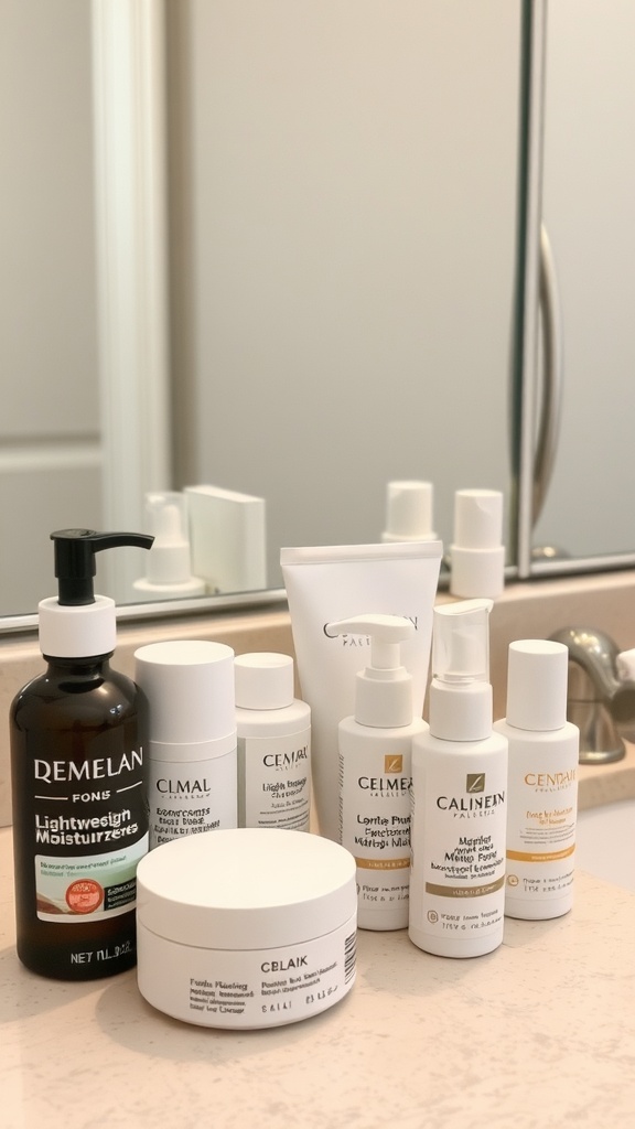 A collection of skincare products including lightweight moisturizers, perfect for oily skin.