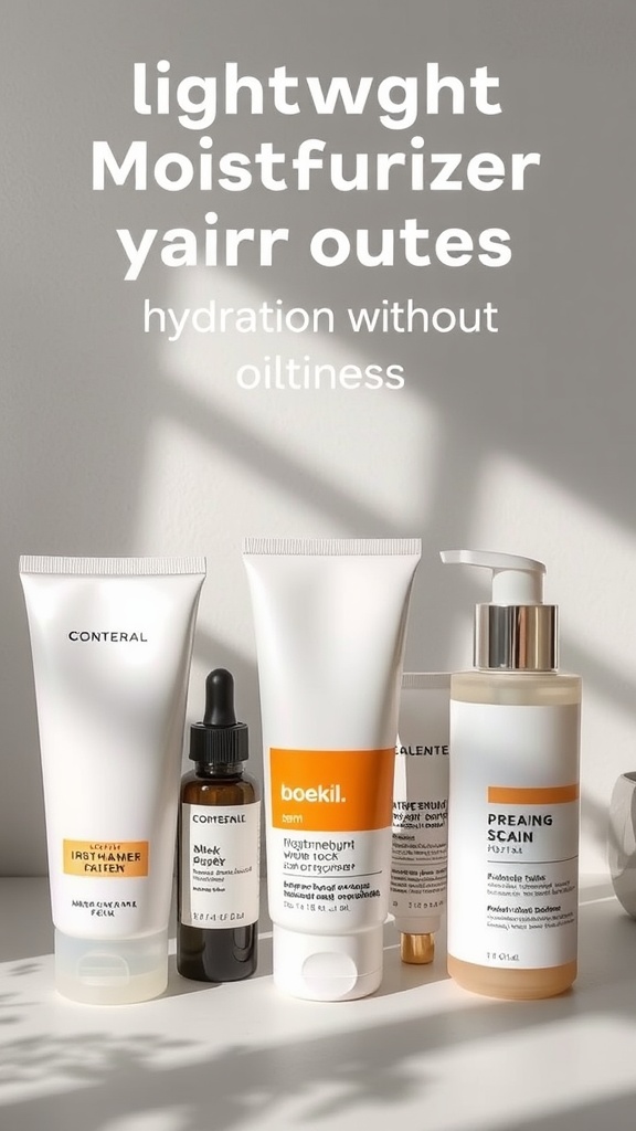 Display of various lightweight moisturizers emphasizing hydration without oiliness