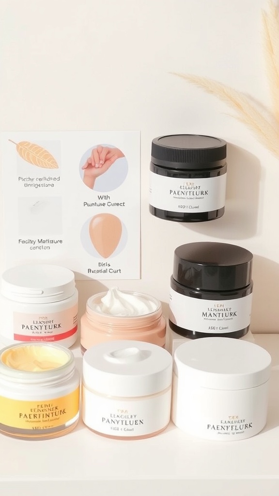 A variety of moisturizers displayed with an information chart showing different skin types
