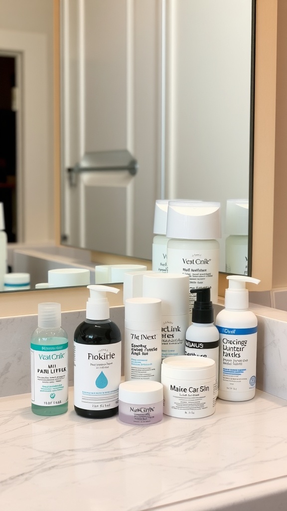 A variety of skincare moisturizers displayed on a marble countertop, each with different labels and containers.