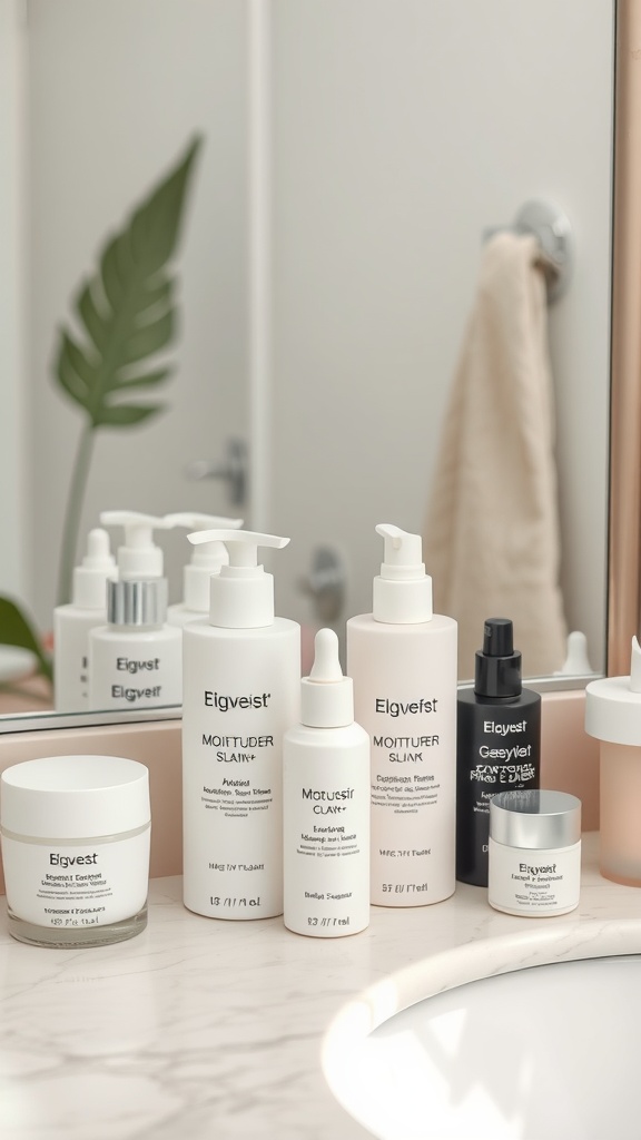 A collection of skincare products on a bathroom counter, showcasing different moisturizers and serums.
