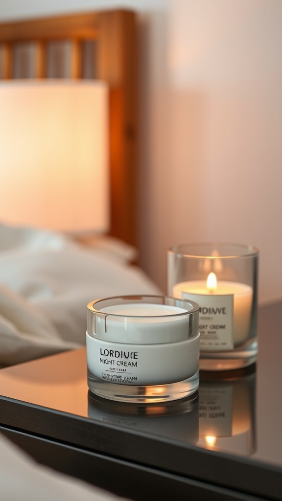 Two jars of night cream on a bedside table next to a candle, creating a cozy nighttime atmosphere.