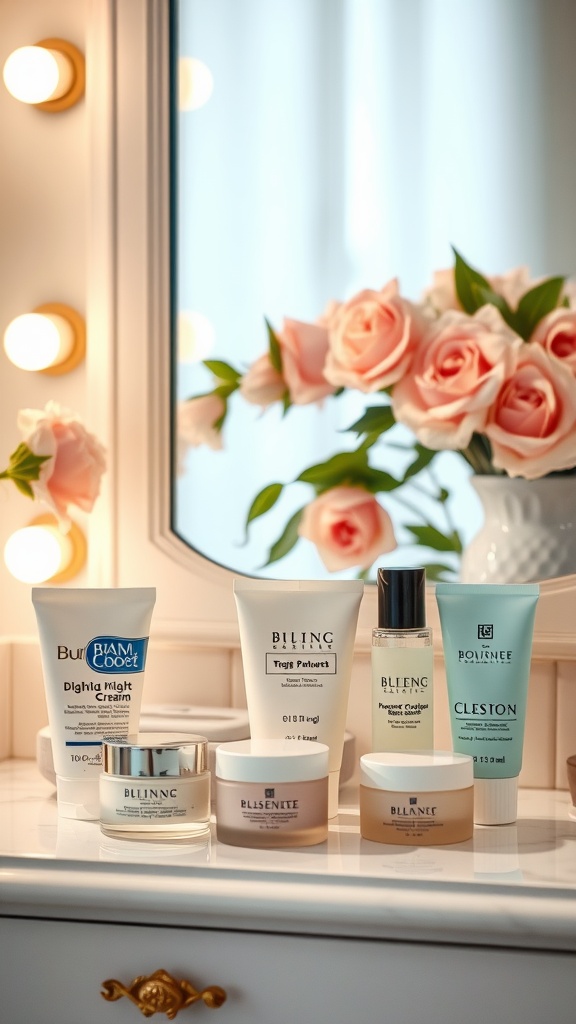 An assortment of night skincare products arranged on a vanity with a mirror and flowers in the background.