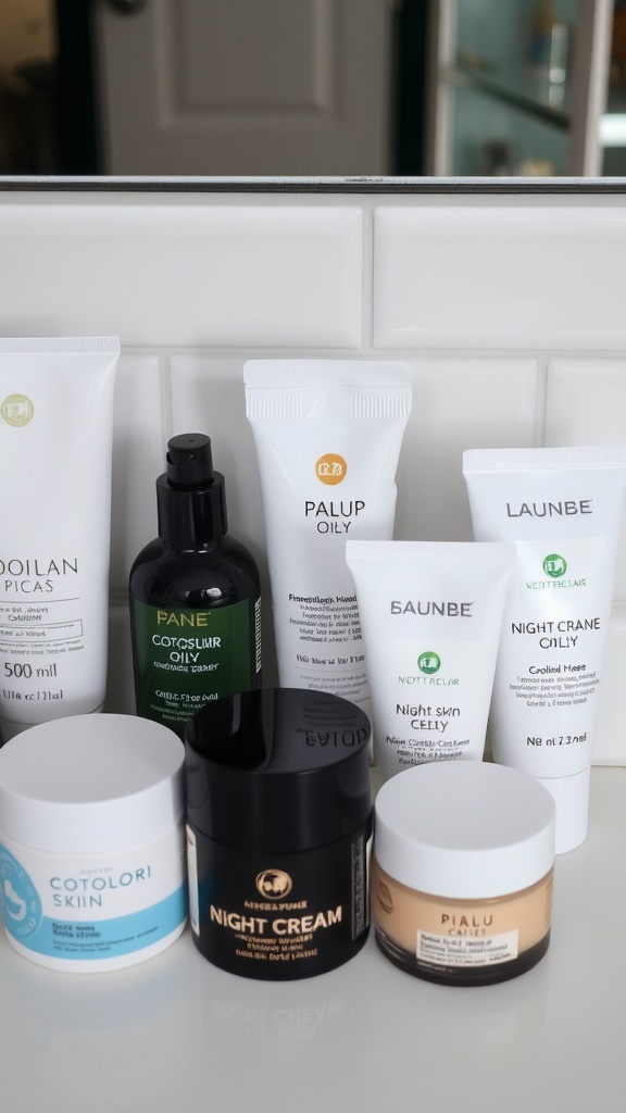 A variety of night creams and skincare products on a counter