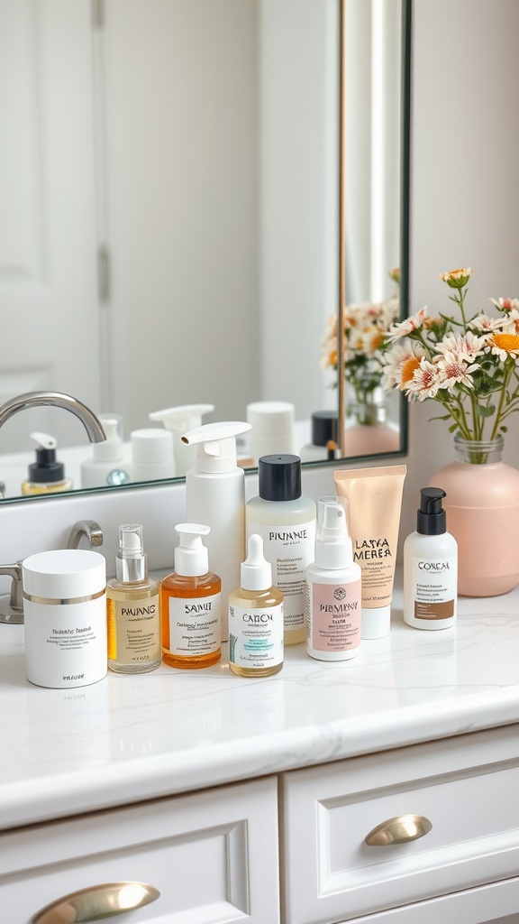 A variety of skincare products displayed on a bathroom counter.