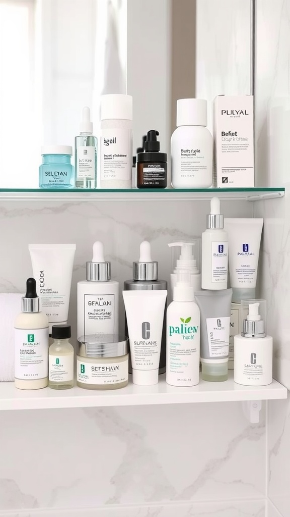 A collection of various skincare products on a bathroom shelf, including creams, serums, and treatments.