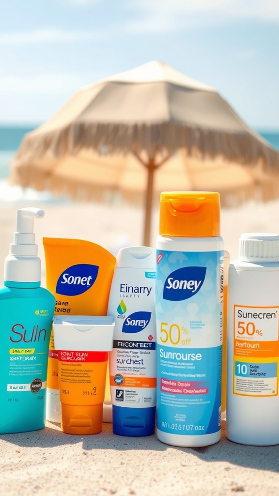 A selection of various sunscreen products displayed on the beach with an umbrella in the background.