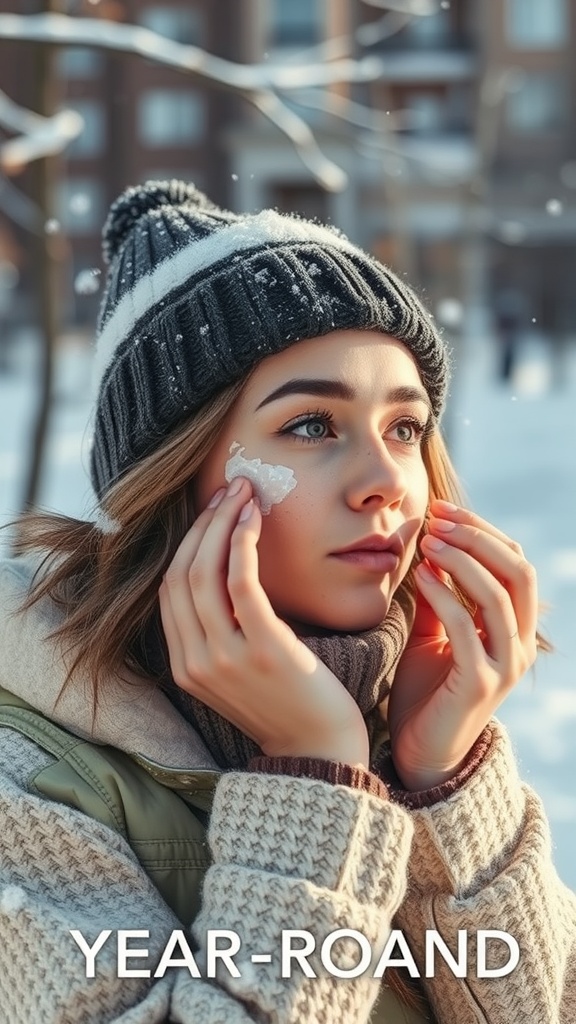 A young woman applying sunscreen on her face while enjoying a snowy winter day.