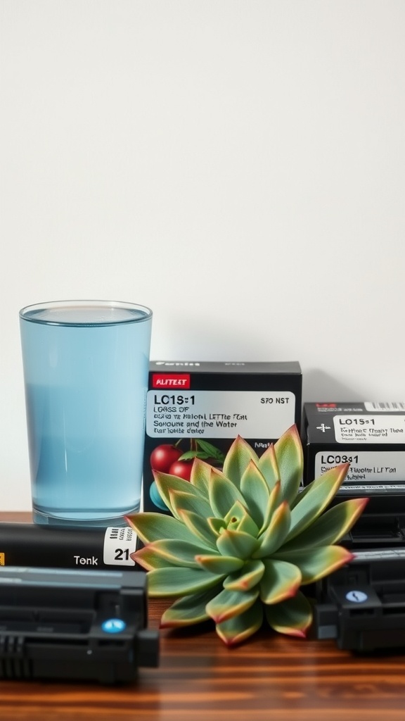 A refreshing blue drink symbolizing hydration, with succulent plant and toner boxes in the background.