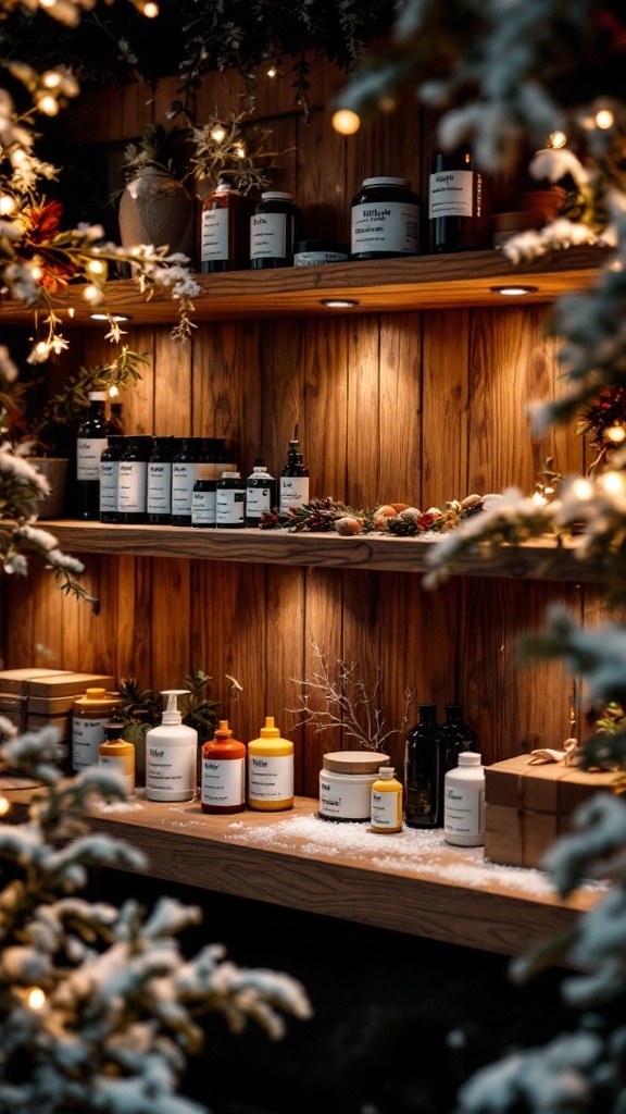 A cozy shelf filled with various skincare toners and products set against a warm wooden background, surrounded by festive decorations.