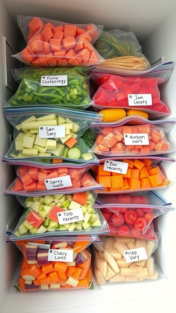 Assorted chopped vegetables in labeled freezer bags.