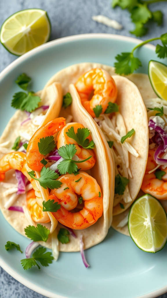 Cilantro-lime shrimp tacos with lime wedges