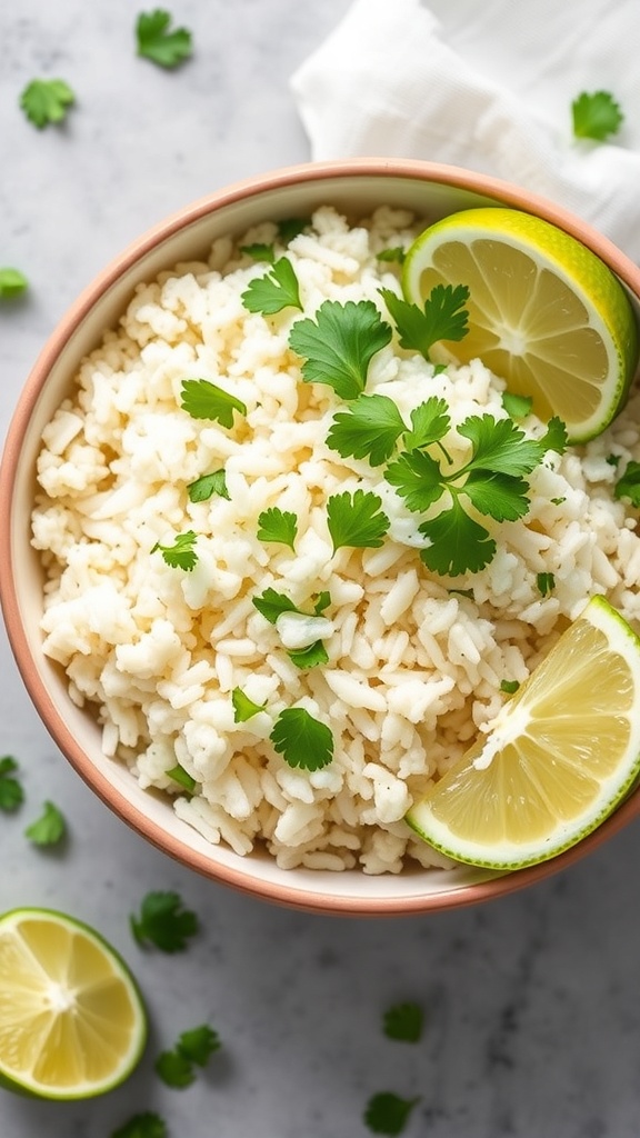 A bowl of cilantro lime cauliflower rice garnished with lime slices and fresh cilantro