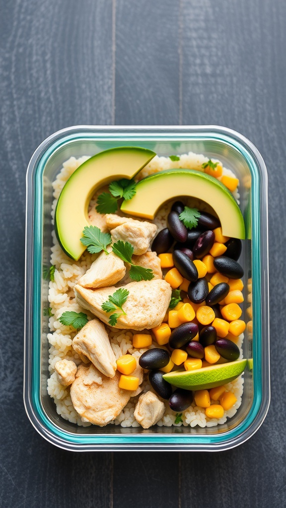 A healthy meal prep bowl with cilantro lime chicken, rice, black beans, corn, avocado slices, and lime wedges.