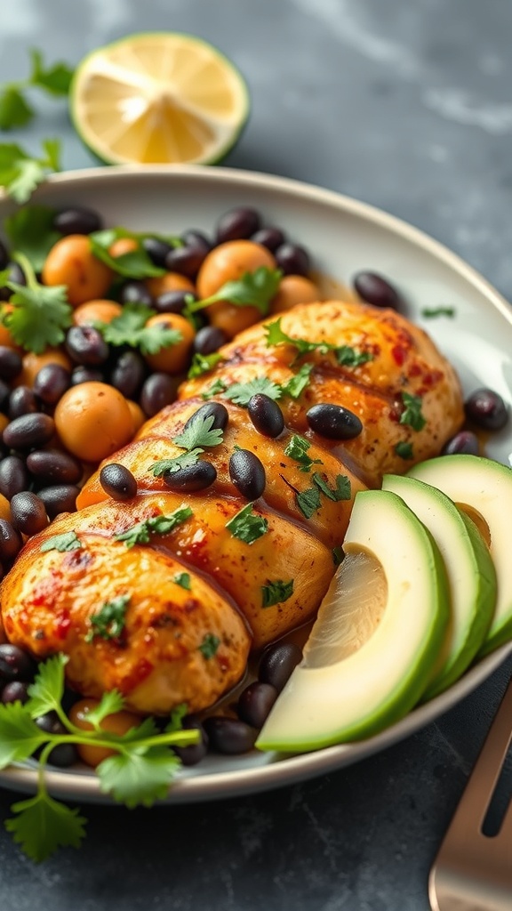 A plate of Cilantro Lime Chicken with Black Beans, garnished with cilantro and lime, served with black beans and yellow potatoes.