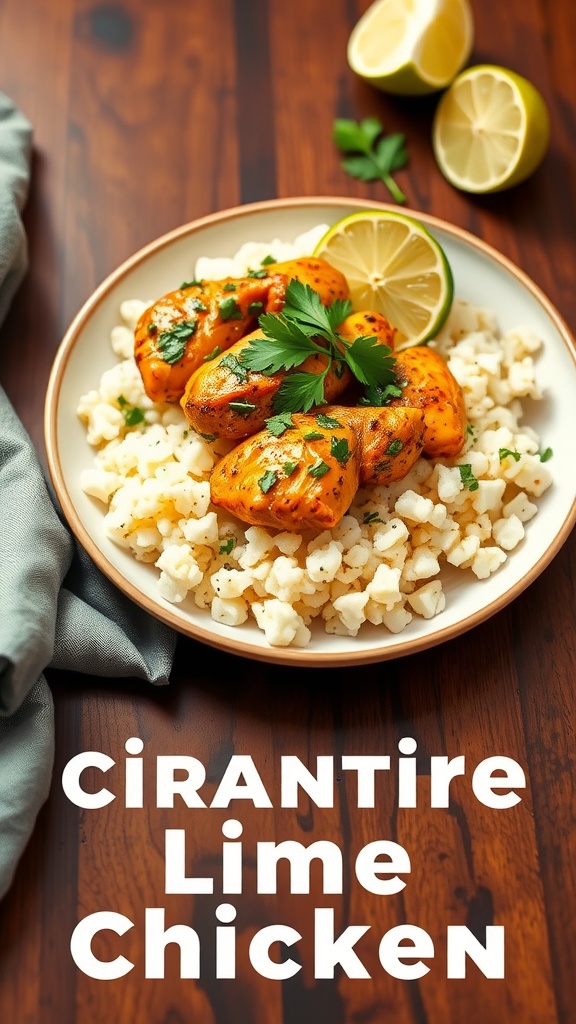Cilantro Lime Chicken served with cauliflower rice, garnished with lime and cilantro.