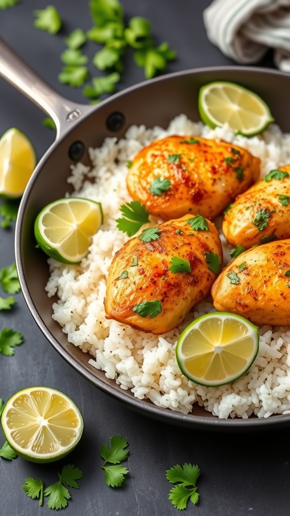 A plate of cilantro lime chicken served over rice with lime wedges and cilantro.