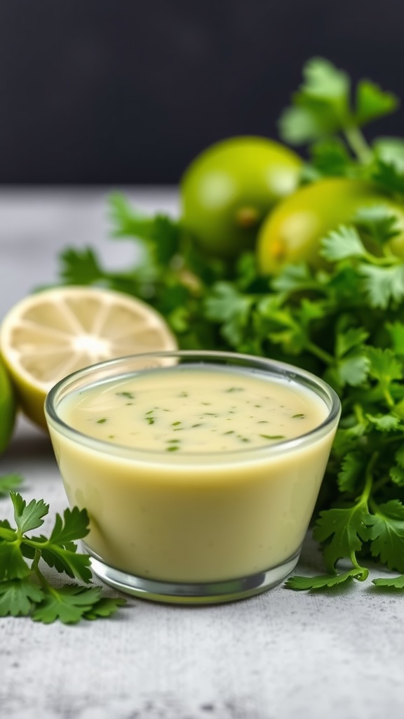 A bowl of creamy cilantro lime dressing surrounded by fresh cilantro and limes.