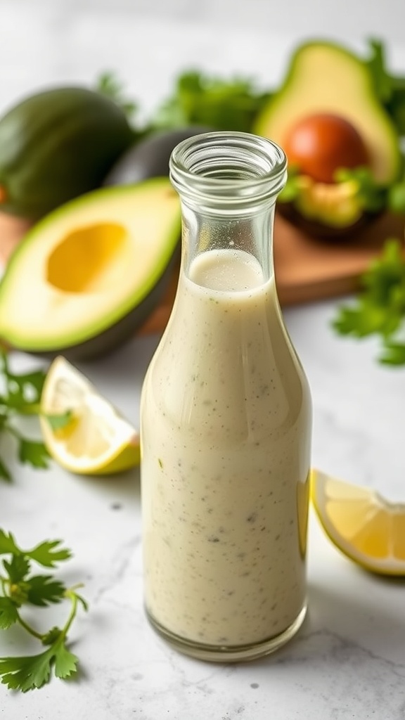 Cilantro lime dressing in a glass bottle surrounded by fresh ingredients.