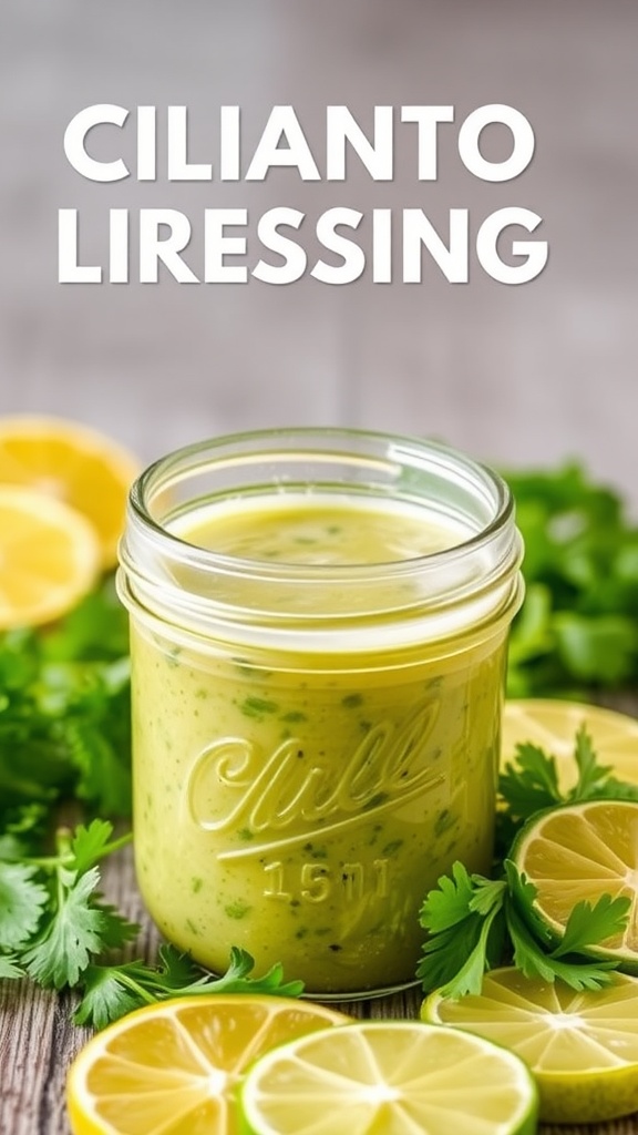 Cilantro Lime Dressing in a jar surrounded by lime slices and cilantro