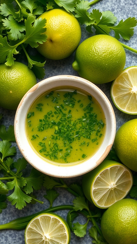 A bowl of cilantro lime marinade surrounded by fresh limes and cilantro.