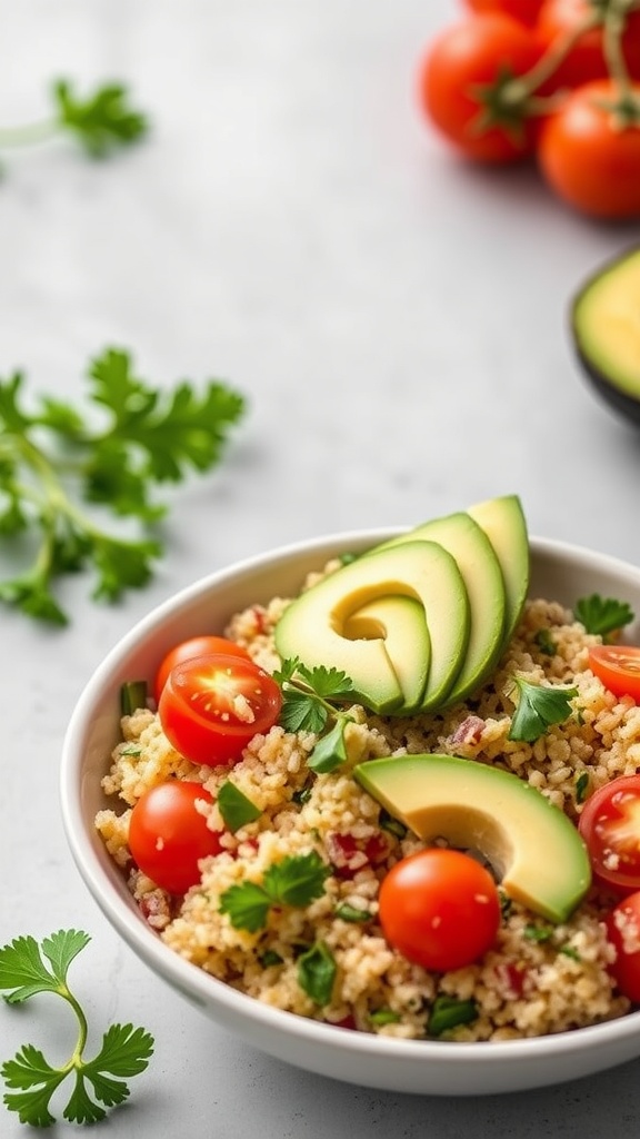 A bowl of vibrant cilantro lime quinoa salad topped with cherry tomatoes and avocado slices.