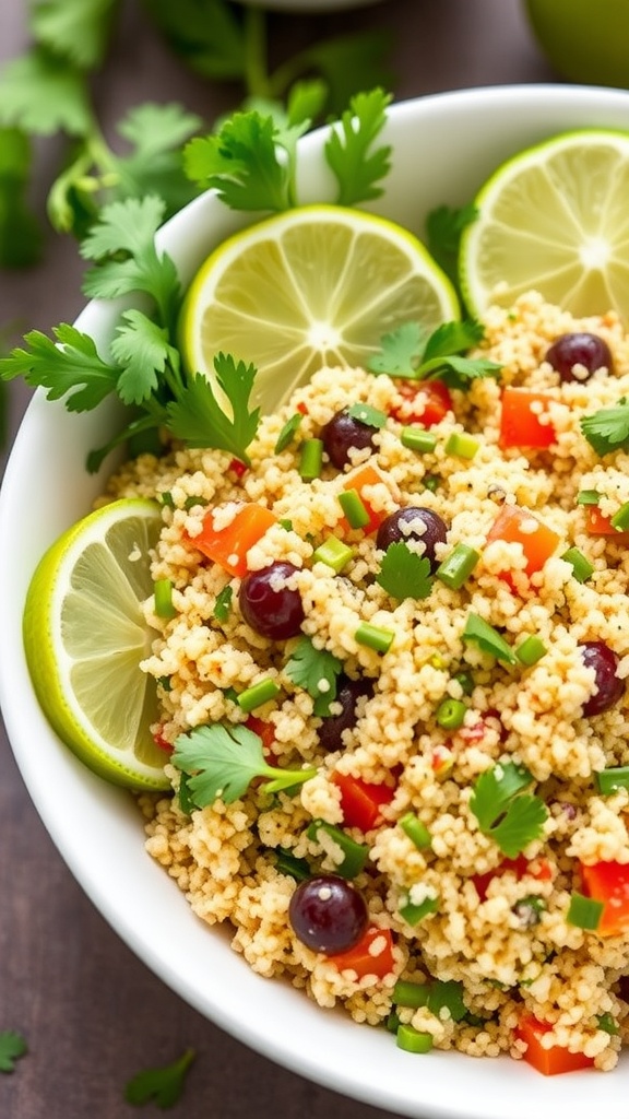 A bowl of cilantro lime quinoa salad with lime slices and fresh cilantro.