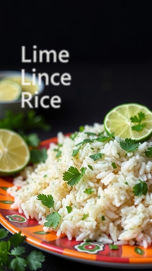 A plate of cilantro lime rice garnished with lime slices and fresh cilantro