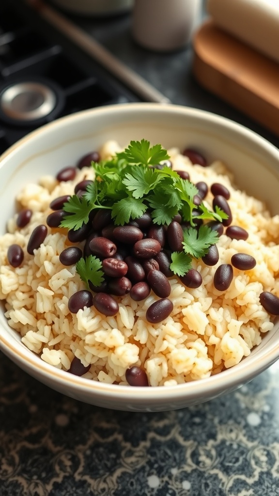 A bowl of cilantro lime rice topped with black beans, garnished with lime slices and fresh cilantro, alongside a small bowl of diced tomatoes.