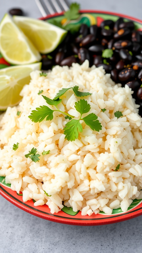 A colorful plate featuring cilantro lime rice garnished with cilantro, black beans, and lime wedges.