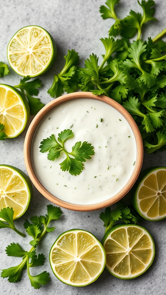 A bowl of cilantro lime sauce surrounded by fresh cilantro and lime halves.