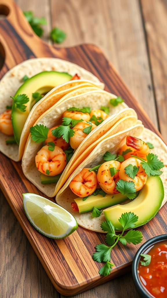 Cilantro Lime Shrimp Tacos with avocado and lime on a wooden board