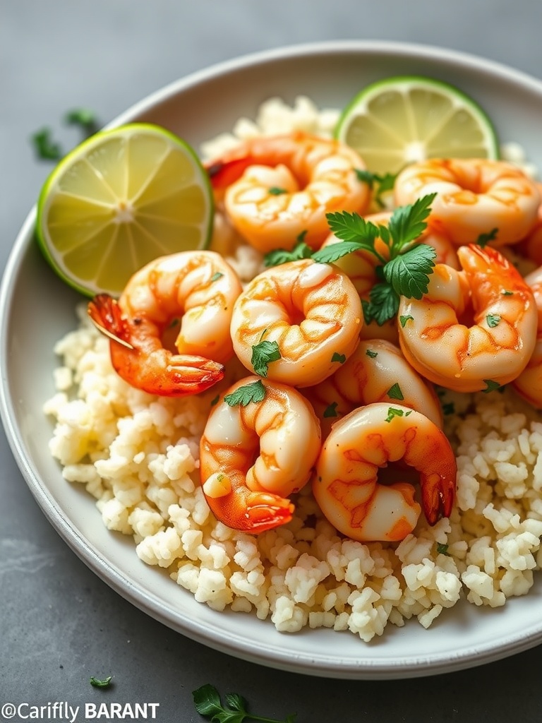 A plate of cilantro lime shrimp served over cauliflower rice, garnished with lime wedges and fresh cilantro.