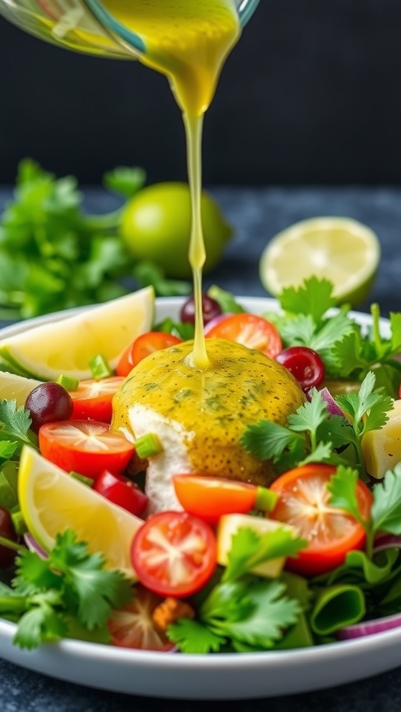 A vibrant cilantro lime vinaigrette being drizzled over a fresh salad.
